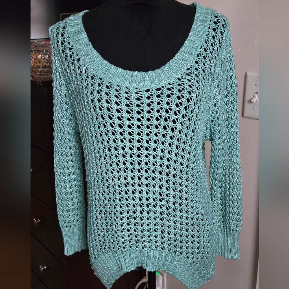 Rue21 Light Blue Scoop Neck Or Off The Shoulder Open-Knit Crochet Sweater